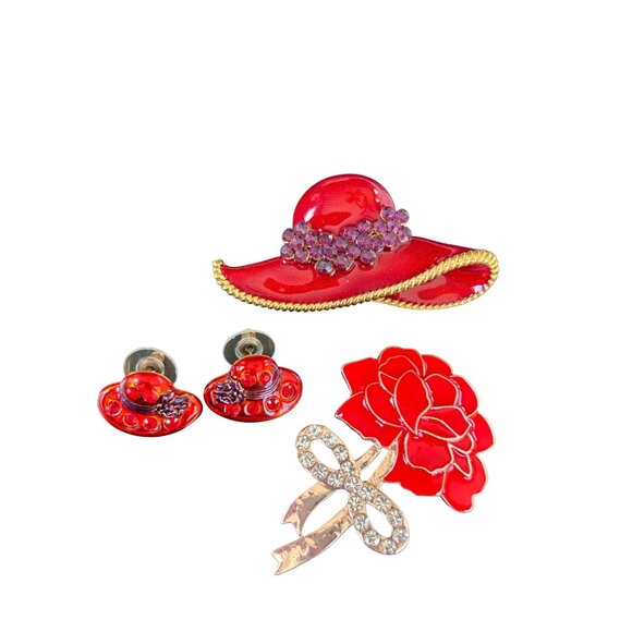 Red & Gold Rhinestone Hat & Flower Enamel Brooch & Earring Set - Picture 1 of 7
